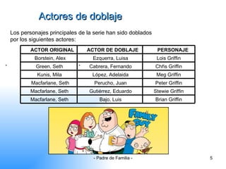 Actores de doblaje Los personajes principales de la serie han sido doblados por los siguientes actores:   Brian Griffin     Bajo, Luis     Macfarlane, Seth    Stewie Griffin     Gutiérrez, Eduardo     Macfarlane, Seth    Peter Griffin     Perucho, Juan     Macfarlane, Seth   Meg Griffin     López, Adelaida     Kunis, Mila    Chris Griffin     Cabrera, Fernando     Green, Seth    Lois Griffin     Ezquerra, Luisa     Borstein, Alex        PERSONAJE     ACTOR DE DOBLAJE        ACTOR ORIGINAL 