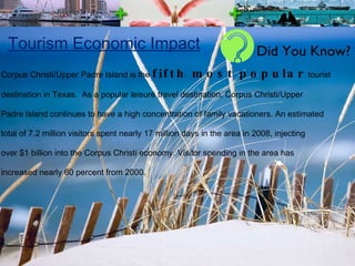 Tourism Economic Impact Corpus Christi/Upper Padre Island is the  fifth most popular  tourist  destination in Texas.  As a popular leisure travel destination, Corpus Christi/Upper  Padre Island continues to have a high concentration of family vacationers. An estimated  total of 7.2 million visitors spent nearly 17 million days in the area in 2008, injecting  over $1 billion into the Corpus Christi economy. Visitor spending in the area has  increased nearly 60 percent from 2000. Did You Know? 