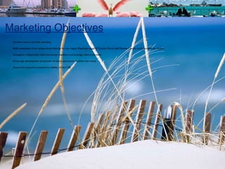 Marketing Objectives Increase visitors and their spending Build awareness of our unique brand identity for our region Maximize usage of Corpus Christi and Nueces County public facilities by visitors Strengthen collaboration with key partner members and strategic alliance partners Encourage development and growth of visitor attractions, facilities and events Assure the long-term competitive viability of the CVB  