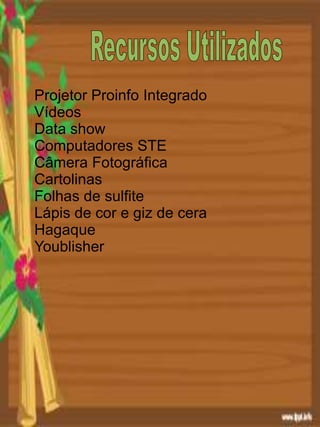 Projetor Proinfo Integrado
Vídeos
Data show
Computadores STE
Câmera Fotográfica
Cartolinas
Folhas de sulfite
Lápis de cor e giz de cera
Hagaque
Youblisher
 