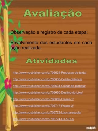 Observação e registro de cada etapa;
Envolvimento dos estudantes em cada
ação realizada.
http://www.youblisher.com/p/706624-Producao-de-texto/
http://www.youblisher.com/p/706630-Coleta-Seletiva/
http://www.youblisher.com/p/706634-Cuidar-do-planeta/
http://www.youblisher.com/p/706650-Destino-do-Lixo/
http://www.youblisher.com/p/706689-Frases-1/
http://www.youblisher.com/p/706717-Frases-2/
http://www.youblisher.com/p/706723-Lixo-na-escola/
http://www.youblisher.com/p/706724-Os-5-R-s/
 