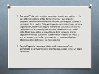 O   Bernard This, psicoanalista lacaniano, insiste sobre el hecho de
    que el bebé existe ya antes del nacimiento, y que el padre
    presenta frecuentemente manifestaciones psicológicas durante el
    embarazo de la madre. Esta participación inconsciente del padre a
    la gestación, reactiva de alguna manera los fantasmas infantiles
    del embarazo, aunque algunos autores se resisten a reconocer
    esto. This insiste sobre la importancia de la voz como primer
    objeto de nuestras pulsiones, cuestionando la teoría de Freud y
    sus sucesores que decían que es el pecho materno el primer
    objeto capaz de satisfacer las necesidades.

O   Según Eugénie Lemoine, si el marido ha acompañado
    demasiado a su mujer durante el embarazo, pueda tomar un papel
    femenino
 