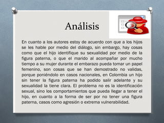 Análisis
En cuanto a los autores estoy de acuerdo con que a los hijos
se les hable por medio del diálogo, sin embargo, hay cosas
como que el hijo identifique su sexualidad por medio de la
figura paterna, o que el marido al acompañar por mucho
tiempo a su mujer durante el embarazo pueda tomar un papel
femenino, son cosas que se han demostrado no validas,
porque poniéndolo en casos nacionales, en Colombia un hijo
sin tener la figura paterna ha podido salir adelante y su
sexualidad la tiene clara. El problema no es la identificación
sexual, sino los comportamientos que pueda llegar a tener el
hijo, en cuanto a la forma de ser por no tener una figura
paterna, casos como agresión o extrema vulnerabilidad.
 