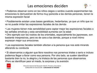 Dirección General de Educación Infantil, Primaria y Secundaria
CONSEJERÍA DE EDUCACIÓN– COMUNIDAD DE MADRID
12
• Podemos observar como en los niños ciegos o sordos cuando experimentan las
emociones lo demuestran de forma muy parecida a las demás personas, tienen la
misma expresión facial
• Posiblemente existan unas bases genéticas, hederitarias, ya que un niño que no
ve no puede imitar las expresiones faciales de los demás
• Las mujeres tienen más sensibilidad para captar mejor las expresiones faciales o
las señales emotivas y esta sensibilidad aumenta con la edad
• Otro ejemplo son los rostros de los orientales, especialmente los japoneses, son
bastante inexpresivos, pero es de cara a los demás, porque a nivel íntimo
expresan mejor sus emociones
• Las expresiones faciales también afectan a la persona que nos está mirando
alterando su conducta
• Si observamos a alguien que llora nosotros nos ponemos tristes o serio e incluso
podemos llegar a llorar como esa persona. Por otro lado, se suelen identificar
bastante bien la ira, la alegría y la tristeza de las personas que observamos
•Pero se identifican peor el miedo, la sorpresa y la aversión
Las emociones deciden
 
