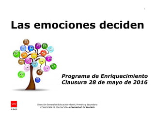 Dirección General de Educación Infantil, Primaria y Secundaria
CONSEJERÍA DE EDUCACIÓN– COMUNIDAD DE MADRID
1
Programa de Enriquecimiento
Clausura 28 de mayo de 2016
Las emociones deciden
 