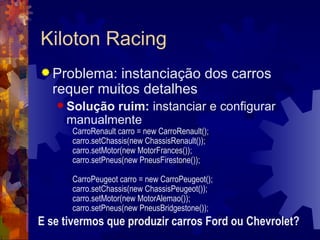 Kiloton Racing Problema: instanciação dos carros requer muitos detalhes Solução ruim:  instanciar e configurar manualmente CarroRenault carro = new CarroRenault(); carro.setChassis(new ChassisRenault()); carro.setMotor(new MotorFrances()); carro.setPneus(new PneusFirestone()); CarroPeugeot carro = new CarroPeugeot(); carro.setChassis(new ChassisPeugeot()); carro.setMotor(new MotorAlemao()); carro.setPneus(new PneusBridgestone()); E se tivermos que produzir carros Ford ou Chevrolet? 