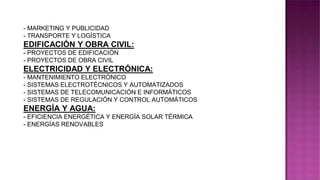- MARKETING Y PUBLICIDAD
- TRANSPORTE Y LOGÍSTICA
EDIFICACIÓN Y OBRA CIVIL:
- PROYECTOS DE EDIFICACIÓN
- PROYECTOS DE OBRA CIVIL
ELECTRICIDAD Y ELECTRÓNICA:
- MANTENIMIENTO ELECTRÓNICO
- SISTEMAS ELECTROTÉCNICOS Y AUTOMATIZADOS
- SISTEMAS DE TELECOMUNICACIÓN E INFORMÁTICOS
- SISTEMAS DE REGULACIÓN Y CONTROL AUTOMÁTICOS
ENERGÍA Y AGUA:
- EFICIENCIA ENERGÉTICA Y ENERGÍA SOLAR TÉRMICA
- ENERGÍAS RENOVABLES
 