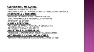 FABRICACIÓN MECÁNICA:
- CONSTRUCCIONES METÁLICAS
- PROGRAMACIÓN DE LA PRODUCCIÓN EN FABRICACIÓN MECÁNICA
HOSTELERÍA Y TURISMO:
- AGENCIAS DE VIAJES Y GESTIÓN DE EVENTOS
- GUÍA, INFORMACIÓN Y ASISTENCIAS TURÍSTICAS
- DIRECCIÓN DE COCINA
IMAGEN PERSONAL:
- ASESORÍA DE IMAGEN PERSONAL Y DECORATIVA
- ESTÉTICA INTEGRAL Y BIENESTAR
INDUSTRIAS ALIMENTARIAS:
- PROCESOS Y CALIDAD EN LA INDUSTRIA ALIMENTARIA
INFORMÁTICA Y COMUNICACIONES:
- ADMINISTRACIÓN DE SISTEMAS INFORMÁTICOS EN RED
 