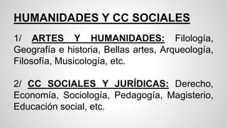 HUMANIDADES Y CC SOCIALES
1/ ARTES Y HUMANIDADES: Filología,
Geografía e historia, Bellas artes, Arqueología,
Filosofía, Musicología, etc.
2/ CC SOCIALES Y JURÍDICAS: Derecho,
Economía, Sociología, Pedagogía, Magisterio,
Educación social, etc.
 