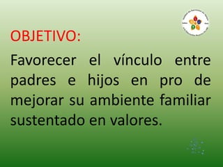OBJETIVO:
Favorecer el vínculo entre
padres e hijos en pro de
mejorar su ambiente familiar
sustentado en valores.
 
