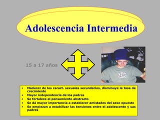 Adolescencia Intermedia
• Madurez de los caract. sexuales secundarios, disminuye la tasa de
crecimiento
• Mayor independencia de los padres
• Se fortalece el pensamiento abstracto
• Se dá mayor importancia a establecer amistades del sexo opuesto
• Se empiezan a estabilizar las tensiones entre el adolescente y sus
padres
15 a 17 años
 