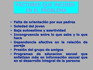 • Falta de orientación por sus padresFalta de orientación por sus padres
• Soledad del jovenSoledad del joven
• Baja autoestima y asertividadBaja autoestima y asertividad
• Incongruencia entre lo que sabe y lo queIncongruencia entre lo que sabe y lo que
hacehace
• Dependencia afectiva en la relación deDependencia afectiva en la relación de
parejapareja
• Presión del grupo de amigosPresión del grupo de amigos
• Programas de educacion sexual queProgramas de educacion sexual que
enfatizan más en información sexual queenfatizan más en información sexual que
en el desarrollo integral de la personaen el desarrollo integral de la persona
FACTORES QUE INCIDEN
EN EL PROBLEMA
FACTORES QUE INCIDEN
EN EL PROBLEMA
 