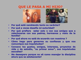 QUE LE PASA A MI HIJO?
• Por qué está cambiando tanto su carácter?Por qué está cambiando tanto su carácter?
• Por qué a veces desafía mi autoridad?Por qué a veces desafía mi autoridad?
• Por qué prefiere estar solo o con sus amigos que aPor qué prefiere estar solo o con sus amigos que a
relacionarse con sus padres, hermanos y resto de larelacionarse con sus padres, hermanos y resto de la
familia?familia?
• Por qué ahora no está de acuerdo con nosotros ?Por qué ahora no está de acuerdo con nosotros ?
• Cómo hago para ganarme su confianza y que nosCómo hago para ganarme su confianza y que nos
comunique sus inquietudes?comunique sus inquietudes?
• Conozco los gustos, amigos, intereses, proyectos deConozco los gustos, amigos, intereses, proyectos de
vida y de estudio, “su primer amor”, sus inquietudesvida y de estudio, “su primer amor”, sus inquietudes
sexuales?sexuales?
• Me desespero porque no sé como manejar la disciplinaMe desespero porque no sé como manejar la disciplina
ahora que es adolescente?ahora que es adolescente?
 