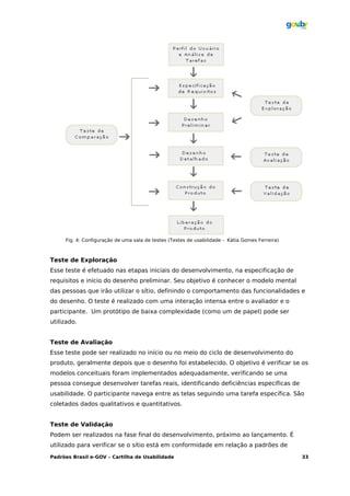 Fig. 4: Configuração de uma sala de testes (Testes de usabilidade - Kátia Gomes Ferreira)



Teste de Exploração
Esse teste é efetuado nas etapas iniciais do desenvolvimento, na especificação de
requisitos e início do desenho preliminar. Seu objetivo é conhecer o modelo mental
das pessoas que irão utilizar o sítio, definindo o comportamento das funcionalidades e
do desenho. O teste é realizado com uma interação intensa entre o avaliador e o
participante. Um protótipo de baixa complexidade (como um de papel) pode ser
utilizado.


Teste de Avaliação
Esse teste pode ser realizado no início ou no meio do ciclo de desenvolvimento do
produto, geralmente depois que o desenho foi estabelecido. O objetivo é verificar se os
modelos conceituais foram implementados adequadamente, verificando se uma
pessoa consegue desenvolver tarefas reais, identificando deficiências específicas de
usabilidade. O participante navega entre as telas seguindo uma tarefa específica. São
coletados dados qualitativos e quantitativos.


Teste de Validação
Podem ser realizados na fase final do desenvolvimento, próximo ao lançamento. É
utilizado para verificar se o sítio está em conformidade em relação a padrões de
Padrões Brasil e-GOV – Cartilha de Usabilidade                                                   33
 