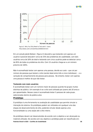 figura 2: Why You Only Need to Test with 5 Users
        http://www.useit.com/alertbox/20000319.html



Em um estudo Jakob Nielsen (figura 2) descobriu que testando com apenas um
usuário é possível descobrir cerca de 25% dos problemas de usabilidade, com dois
usuários cerca de 50% do total e testando com cinco usuários pode-se detectar cerca
de 85% de todos os problemas do sítio. Com 15 usuários chega-se a um número
próximo de 100%.


Não é aconselhado testar com apenas uma pessoa, devido ao custo – que cai por
número de pessoas que testam o sitio (sendo ideal entre três e cinco indivíduos) – e a
variação de comportamento de pessoa para pessoa. No entanto, testar com apenas
uma pessoa é melhor do que não testar.


Testando com mais usuários
É aconselhado testar com um número maior de pessoas quando há grupos muitos
distintos de público. Um exemplo é se o sitio será utilizado por jovens até 20 anos e
por aposentados. Nesses casos é aconselhado testar 5 pessoas de cada grupo,
selecionadas dentro do público-alvo.
Protótipo

O protótipo é uma ferramenta na avaliação de usabilidade que permite simular a
interação do sistema. Os protótipos podem ser utilizados em qualquer uma das
etapas de desenvolvimento do sítio, podendo simular desde apenas uma
funcionalidade ou uma seção até o sítio inteiro.


Os protótipos devem ser desenvolvidos de acordo com o objetivo a ser alcançado ou
material utilizado. De acordo com seu objetivo o protótipo pode ser classificado em:
Padrões Brasil e-GOV – Cartilha de Usabilidade                                          38
 