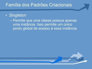 Família dos Padrões Criacionais Singleton Permite que uma classe possua apenas uma instância. Isso permite um único ponto global de acesso á essa instância. 