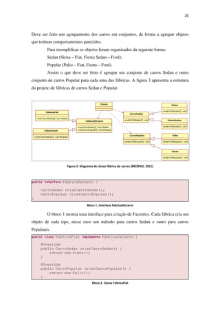 Deve ser feito um agrupamento dos carros em conjuntos, de forma a agrupar objetos
que tenham comportamentos parecidos.
Para exemplificar os objetos foram organizados da seguinte forma:
Sedan (Siena – Fiat
Popular (Palio – Fiat
Assim o que deve ser feito é agrupar
conjunto de carros Popular para cada uma das fábricas.
do projeto de fábricas de carros Sedan e Popular.
Figura 3. Diagrama de c
O bloco 1 mostra uma interface para criação de Factories. Cada fábrica cria um
objeto de cada tipo, nesse caso um método para carros Sedan e outro para carros
Populares.
public class FabricaFiat
@Override
public CarroSedan criarCarroSedan() {
return new Siena();
}
@Override
public CarroPopular criarCarroPopular(
return new Palio();
}
public interface FabricaDeCarro {
CarroSedan criarCarroSedan();
CarroPopular criarCarroPopular();
}
agrupamento dos carros em conjuntos, de forma a agrupar objetos
que tenham comportamentos parecidos.
Para exemplificar os objetos foram organizados da seguinte forma:
Fiat, Fiesta Sedan – Ford);
Fiat, Fiesta – Ford).
o que deve ser feito é agrupar um conjunto de carros S
conjunto de carros Popular para cada uma das fábricas. A figura 3 apresenta a estrutura
do projeto de fábricas de carros Sedan e Popular.
. Diagrama de classe fábrica de carros (BRIZENO, 2011)
mostra uma interface para criação de Factories. Cada fábrica cria um
objeto de cada tipo, nesse caso um método para carros Sedan e outro para carros
FabricaFiat implements FabricaDeCarro {
CarroSedan criarCarroSedan() {
Siena();
CarroPopular criarCarroPopular() {
Palio();
FabricaDeCarro {
CarroSedan criarCarroSedan();
CarroPopular criarCarroPopular();
Bloco 1. Interface FabricaDeCarro
Bloco 2. Classe FabricaFiat
20
agrupamento dos carros em conjuntos, de forma a agrupar objetos
Para exemplificar os objetos foram organizados da seguinte forma:
um conjunto de carros Sedan e outro
apresenta a estrutura
mostra uma interface para criação de Factories. Cada fábrica cria um
objeto de cada tipo, nesse caso um método para carros Sedan e outro para carros
 