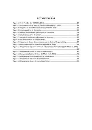 LISTA DE FIGURAS
Figura 1. Os 23 Padrões GoF (PEREIRA, 2013)............................................................................. 14
Figura 2. Estrutura do Padrão Abstract Factory (GAMMA et al., 2000)...................................... 18
Figura 3. Diagrama de classe fábrica de carros (BRIZENO, 2011) ............................................... 20
Figura 4. Estrutura padrão do Composite................................................................................... 23
Figura 5. Exemplo de implementação do padrão Composite..................................................... 24
Figura 6. Estrutura do padrão Decorator.................................................................................... 29
Figura 7. Exemplo de implementação do padrão Decorator...................................................... 30
Figura 8. Estrutura do Chain of Responsability........................................................................... 34
Figura 9. Diagrama de classes do exemplo do padrão Chain of Responsability ......................... 37
Figura 10. Estrutura do padrão Observer (GAMMA et al, 2000). ............................................... 39
Figura 11. Diagrama de sequência entre um subject e dois observadores (GAMMA et al, 2000).
..................................................................................................................................................... 40
Figura 12. Diagrama de classes da estação meteorológica......................................................... 41
Figura 13. Estrutura do Padrão Strategy (GAMMA et al., 2000)................................................. 46
Figura 14. Diagrama de classe do exemplo do padrão Visitor.................................................... 50
Figura 15. Diagrama de sequência do padrão Visitor ................................................................. 53
Figura 16. Diagrama de classes do exemplo de Visitor............................................................... 54
 