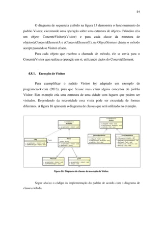 O diagrama de sequenci
padrão Visitor, executando uma operação sobre uma estrutura de objetos. Primeiro cria
um objeto ConcreteVisitor(aVisitor) e para cada classe da estrutura de
objetos(aConcreteElementA e aConcreteElementB),
accept passando o Visitor criado.
Para cada objeto que recebeu a chamada de método, ele se envia para o
ConcreteVisitor que realiza a operação em si, utilizando dados do ConcreteElement.
4.8.1. Exemplo de Visitor
Para exemplificar o padrão
programcreek.com (2013),
Visitor. Este exemplo cria uma estrutura de uma cidade com lugares que podem ser
visitados. Dependendo da necessidade essa visi
diferentes. A figura 16 apresenta o diagrama de classes que será utilizado no exemplo.
Figura
Segue abaixo o código da implementação do padrão de a
classes exibido.
sequencia exibido na figura 15 demonstra o funcionamento do
padrão Visitor, executando uma operação sobre uma estrutura de objetos. Primeiro cria
um objeto ConcreteVisitor(aVisitor) e para cada classe da estrutura de
objetos(aConcreteElementA e aConcreteElementB), na ObjectStruture chama o método
accept passando o Visitor criado.
Para cada objeto que recebeu a chamada de método, ele se envia para o
ConcreteVisitor que realiza a operação em si, utilizando dados do ConcreteElement.
Exemplo de Visitor
icar o padrão Visitor foi adaptado um exemplo de
, para que ficasse mais claro alguns conceitos do padrão
cria uma estrutura de uma cidade com lugares que podem ser
visitados. Dependendo da necessidade essa visita pode ser executada de formas
apresenta o diagrama de classes que será utilizado no exemplo.
Figura 16. Diagrama de classes do exemplo de Visitor.
Segue abaixo o código da implementação do padrão de acordo com o diagrama de
54
demonstra o funcionamento do
padrão Visitor, executando uma operação sobre uma estrutura de objetos. Primeiro cria
um objeto ConcreteVisitor(aVisitor) e para cada classe da estrutura de
na ObjectStruture chama o método
Para cada objeto que recebeu a chamada de método, ele se envia para o
ConcreteVisitor que realiza a operação em si, utilizando dados do ConcreteElement.
um exemplo de
para que ficasse mais claro alguns conceitos do padrão
cria uma estrutura de uma cidade com lugares que podem ser
ta pode ser executada de formas
apresenta o diagrama de classes que será utilizado no exemplo.
cordo com o diagrama de
 