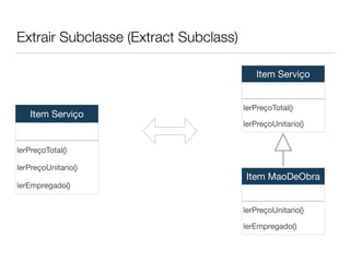 Extrair Subclasse (Extract Subclass) 
Item Serviço 
lerPreçoTotal() 
lerPreçoUnitario() 
lerEmpregado() 
Item Serviço 
lerPreçoTotal() 
lerPreçoUnitario() 
Item MaoDeObra 
lerPreçoUnitario() 
lerEmpregado() 
 