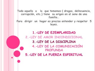 Todo aquello a lo que tememos ( drogas, delincuencia,
   corrupción, etc.) tiene su origen en el seno de una
                         familia..
Para dirigir un hogar es preciso entender y respetar 5
                          leyes.


          1.-LEY DE EJEMPLARIDAD
      2.-LEY DE AMOR INCONDICIONAL
          3.-LEY DE LA DISCIPLINA
          4.-LEY DE LA COMUNICACIÓN
                 PROFUNDA
      5.-LEY DE LA FUERZA ESPIRITUAL
 