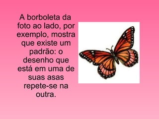 A borboleta da foto ao lado, por exemplo, mostra que existe um padrão: o desenho que está em uma de suas asas repete-se na outra. 