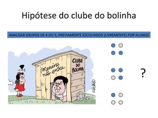 Hipótese do clube do bolinha
?
ANALISAR GRUPOS DE 4 OU 5, PREVIAMENTE ESCOLHIDOS (LIVREMENTE) POR ALUNOS
 
