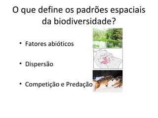 O que define os padrões espaciais
da biodiversidade?
• Fatores abióticos
• Dispersão
• Competição e Predação
 
