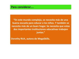 “En este mundo complejo, se necesita más de una
buena escuela para educar a los niños. Y también se
necesita más de un buen hogar. Se necesita que estas
dos importantes instituciones educativas trabajen
juntas.”
Dorothy Rich, autora de MegaSkills.
Para considerar….
 