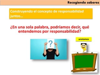 ¿En una sola palabra, podríamos decir, qué
entendemos por responsabilidad?
Construyendo el concepto de responsabilidad
juntos…
anotamos
Recogiendo saberes
 