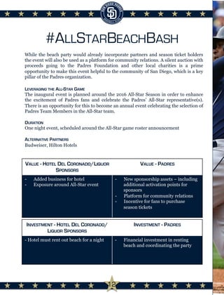 #ALLSTARBEACHBASH
LEVERAGING THE ALL-STAR GAME
The inaugural event is planned around the 2016 All-Star Season in order to enhance
the excitement of Padres fans and celebrate the Padres’ All-Star representative(s).
There is an opportunity for this to become an annual event celebrating the selection of
Padres Team Members in the All-Star team.
DURATION
One night event, scheduled around the All-Star game roster announcement
ALTERNATIVE PARTNERS
Budweiser, Hilton Hotels
INVESTMENT - HOTEL DEL CORONADO/
LIQUOR SPONSORS
INVESTMENT - PADRES
- Hotel must rent out beach for a night -  Financial investment in renting
beach and coordinating the party
VALUE - HOTEL DEL CORONADO/LIQUOR
SPONSORS
VALUE - PADRES
-  Added business for hotel
-  Exposure around All-Star event
-  New sponsorship assets – including
additional activation points for
sponsors
-  Platform for community relations
-  Incentive for fans to purchase
season tickets
While the beach party would already incorporate partners and season ticket holders
the event will also be used as a platform for community relations. A silent auction with
proceeds going to the Padres Foundation and other local charities is a prime
opportunity to make this event helpful to the community of San Diego, which is a key
pillar of the Padres organization.
	
  
12
 