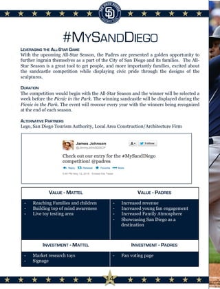 #MYSANDDIEGO
INVESTMENT - MATTEL INVESTMENT - PADRES
-  Market research toys
-  Signage
-  Fan voting page
VALUE - MATTEL VALUE - PADRES
-  Reaching Families and children
-  Building top of mind awareness
-  Live toy testing area
-  Increased revenue
-  Increased young fan engagement
-  Increased Family Atmosphere
-  Showcasing San Diego as a
destination
LEVERAGING THE ALL-STAR GAME
With the upcoming All-Star Season, the Padres are presented a golden opportunity to
further ingrain themselves as a part of the City of San Diego and its families. The All-
Star Season is a great tool to get people, and more importantly families, excited about
the sandcastle competition while displaying civic pride through the designs of the
sculptures.
DURATION
The competition would begin with the All-Star Season and the winner will be selected a
week before the Picnic in the Park. The winning sandcastle will be displayed during the
Picnic in the Park. The event will reoccur every year with the winners being recognized
at the end of each season.
ALTERNATIVE PARTNERS
Lego, San Diego Tourism Authority, Local Area Construction/Architecture Firm
14
 