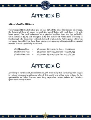 APPENDIX B
#BreakfastMcAllStars
The average MLB leadoff hitter gets on base 32% of the time. That means, on average,
the Padres will have 26 games in which the leadoff batter will reach base (32% x 81
home games). We used McDonalds’ most popular breakfast item, the Egg McMuffin,
which retails at $3.79 and multiplied it by the number of Padres fans according to
Scarborough who have either watched, listened, or attended a Padres game, which was
1,170,000. In multiplying these three numbers, we came up with potential incremental
revenue that can be made by McDonalds.
 
1% of Padres Fans = 26 games x $3.79 x 11,170 fans = $1,015,000
3% of Padres Fans = 26 games x $3.79 x 35,100 fans = $3,458,754
5% of Padres Fans = 26 games x $3.79 x 58,500 fans = $5,764,590
According to our research, Padres fans are 50% more likely than the average San Diegan
to redeem coupons when they are offered. This would be a selling point to Vons for the
sponsorship, as Padres fans are more likely to go after cheaper tickets, and therefore
spend more money at Vons.
18
APPENDIX C
 