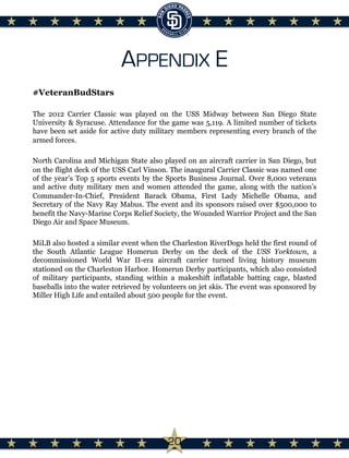 APPENDIX E
#VeteranBudStars
The 2012 Carrier Classic was played on the USS Midway between San Diego State
University & Syracuse. Attendance for the game was 5,119. A limited number of tickets
have been set aside for active duty military members representing every branch of the
armed forces. 
 
North Carolina and Michigan State also played on an aircraft carrier in San Diego, but
on the flight deck of the USS Carl Vinson. The inaugural Carrier Classic was named one
of the year’s Top 5 sports events by the Sports Business Journal. Over 8,000 veterans
and active duty military men and women attended the game, along with the nation’s
Commander-In-Chief, President Barack Obama, First Lady Michelle Obama, and
Secretary of the Navy Ray Mabus. The event and its sponsors raised over $500,000 to
benefit the Navy-Marine Corps Relief Society, the Wounded Warrior Project and the San
Diego Air and Space Museum.
 
MiLB also hosted a similar event when the Charleston RiverDogs held the first round of
the South Atlantic League Homerun Derby on the deck of the USS Yorktown, a
decommissioned World War II-era aircraft carrier turned living history museum
stationed on the Charleston Harbor. Homerun Derby participants, which also consisted
of military participants, standing within a makeshift inflatable batting cage, blasted
baseballs into the water retrieved by volunteers on jet skis. The event was sponsored by
Miller High Life and entailed about 500 people for the event.
20
 