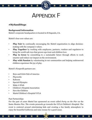 APPENDIX F
#MySandDiego
Background Information
Mattel’s corporate headquarters is located in El Segundo, CA.
Mattel’s four core values are:
•  Play Fair  by continually encouraging the Mattel organization to align decision-
making with the company's values.
•  Play Together by working with employees, partners, vendors and regulators to
bring the world safe toys that grown-ups trust and children love.
•  Play to Grow  by committing to a sustainable future through efforts to work
smarter and reduce our impact on the environment.
•  Play with Passion by volunteering in our communities and helping underserved
children experience the joy of play.
Mattel’s Nonprofit partners are:
•  Boys and Girls Club of America
•  Playworks
•  Kaboom
•  Special Olympics
•  Make A Wish
•  Children’s Hospital Association
•  Save the Children
•  Mattel Children’s Hospital UCLA
Past Partnerships
For the past 16 years Mattel has sponsored an event called Party on the Pier on the
Santa Monica Pier. The events proceeds go towards the UCLA Children’s Hospital. The
event is centered around entertaining kids and creating a fun family atmosphere to
enjoy the beautiful California and raise money for a good cause.
21
 