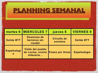 PLANNING SEMANAL martes 6 MIERCOLES 7 jueves 8 VIERNES 9 Salida BTT Descenso de barranco sin caudal Circuito de aventura Salida BTT Espeleología Visita del pueblo de Lecina, encina milenaria... Paseo por Aínsa Espeleología 