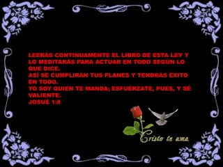 LEERÁS CONTINUAMENTE EL LIBRO DE ESTA LEY Y
LO MEDITARÁS PARA ACTUAR EN TODO SEGÚN LO
QUE DICE.
ASÍ SE CUMPLIRÁN TUS PLANES Y TENDRÁS ÉXITO
EN TODO.
YO SOY QUIEN TE MANDA; ESFUÉRZATE, PUES, Y SÉ
VALIENTE.
JOSUÉ 1:8
 