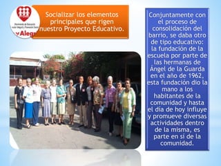 Socializar los elementos
principales que rigen
nuestro Proyecto Educativo.
Conjuntamente con
el proceso de
consolidación del
barrio, se daba otro
de tipo educativo:
la fundación de la
escuela por parte de
las hermanas de
Ángel de la Guarda
en el año de 1962,
esta fundación dio la
mano a los
habitantes de la
comunidad y hasta
el día de hoy influye
y promueve diversas
actividades dentro
de la misma, es
parte en sí de la
comunidad.
 