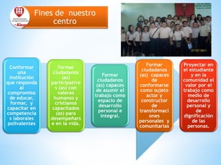 Fines de nuestro
centro
Conformar
una
institución
que responda
al
compromiso
de educar,
formar, y
capacitar en
competencia
s laborales
polivalentes
Formar
ciudadanos
(as)
participativo
s (as) con
valores
humanos y
cristianos
capacitados
(as) para
desempeñars
e en la vida.
Formar
ciudadanos
(as) capaces
de asumir el
trabajo como
espacio de
desarrollo
personal e
integral.
Formar
ciudadanos
(as) capaces
de
conformarse
como sujeto
actor y
constructor
de
transformaci
ones
personales y
comunitarias
Proyectar en
el estudiante
y en la
comunidad el
valor por el
trabajo como
medio de
desarrollo
personal y
de
dignificación
de las
personas.
 