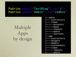 Dev Friendly


• Reloader - disable :reload to stop it
• Auto load paths - lib/*
• $ padrino gen | start | stop | console ...