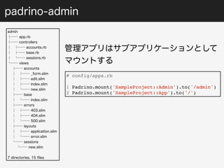 padrino-admin 
# config/apps.rb 
1 Padrino.mount('SampleProject::Admin').to('/admin') 
2 Padrino.mount('SampleProject::App').to('/') 
admin 
├── app.rb 
├── controllers 
│ ├── accounts.rb 
│ ├── base.rb 
│ └── sessions.rb 
└── views 
├── accounts 
│ ├── _form.slim 
│ ├── edit.slim 
│ ├── index.slim 
│ └── new.slim 
├── base 
│ └── index.slim 
├── errors 
│ ├── 403.slim 
│ ├── 404.slim 
│ └── 500.slim 
├── layouts 
│ ├── application.slim 
│ └── error.slim 
└── sessions 
└── new.slim 
7 directories, 15 files 
管理アプリはサブアプリケーションとして 
マウントする 
 