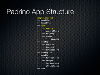 Padrino App Structure
sample_project
!"" Gemfile
!"" Rakefile
!"" app
#   !"" app.rb
#   !"" controllers
#   !"" helpers
#   $"" views
#   $"" layouts
!"" config
#   !"" apps.rb
#   !"" boot.rb
#   $"" database.rb
!"" config.ru
!"" public
#   !"" favicon.ico
#   !"" images
#   !"" javascripts
#   $"" stylesheets
$"" tmp
 
