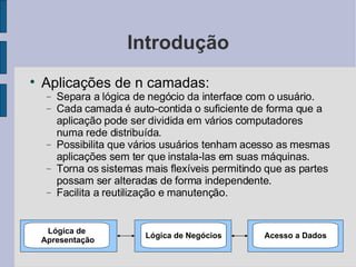Introdução Aplicações de n camadas: Separa a lógica de negócio da interface com o usuário. Cada camada é auto-contida o suficiente de forma que a aplicação pode ser dividida em vários computadores numa rede distribuída. Possibilita que vários usuários tenham acesso as mesmas aplicações sem ter que instala-las em suas máquinas. Torna os sistemas mais flexíveis permitindo que as partes possam ser alteradas de forma independente. Facilita a reutilização e manutenção. Lógica de Apresentação Lógica de Negócios Acesso a Dados 