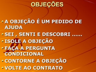 OBJEÇÕESOBJEÇÕES
A OBJEÇÃO É UM PEDIDO DEA OBJEÇÃO É UM PEDIDO DE
AJUDAAJUDA
SEI , SENTI E DESCOBRI ......SEI , SENTI E DESCOBRI ......
ISOLE A OBJEÇÃOISOLE A OBJEÇÃO
FAÇA A PERGUNTAFAÇA A PERGUNTA
CONDICIONALCONDICIONAL
CONTORNE A OBJEÇÃOCONTORNE A OBJEÇÃO
VOLTE AO CONTRATOVOLTE AO CONTRATO
 