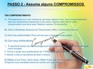 PASSO 2 - Assuma alguns COMPROMISSOS
TER COMPREMETIMENTO
A) Principalmente com você, lembre-se que esse negócio é seu. Esse comprometimento
deve ser diretamente proporcional a seu sonho. Quanto maior ele for, mais
comprometido você deve estar. Realizar Leituras 15 minutos/Dia
B) Com a Empresa (Sistemas de Treinamentos, APNs, Conferencias Online).
C) Com seu patrocinador (Pois será ele que o conduzirá neste projeto).
D) Com seus distribuidores.
1. É importante deixar seu distribuidor sempre informado de todos os eventos ou qualquer
outra novidade.
2. Treinar e ajudar seus distribuidores de 1ª linha, a patrocinar novos distribuidores.
3. Mostrar a eles a importância de fazer o mesmo.
E) Metas (Curto Prazo: até 6 meses / Médio Prazo: até 2 anos / Longo Prazo: até 5 anos.
(Programe suas atividades diárias de acordo com suas metas).
 