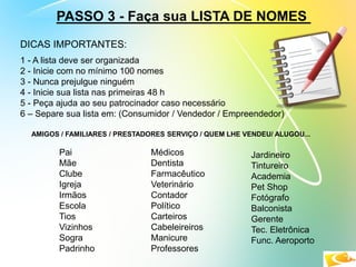 PASSO 3 - Faça sua LISTA DE NOMES
DICAS IMPORTANTES:
1 - A lista deve ser organizada
2 - Inicie com no mínimo 100 nomes
3 - Nunca prejulgue ninguém
4 - Inicie sua lista nas primeiras 48 h
5 - Peça ajuda ao seu patrocinador caso necessário
6 – Separe sua lista em: (Consumidor / Vendedor / Empreendedor)
AMIGOS / FAMILIARES / PRESTADORES SERVIÇO / QUEM LHE VENDEU/ ALUGOU...
Médicos
Dentista
Farmacêutico
Veterinário
Contador
Político
Carteiros
Cabeleireiros
Manicure
Professores
Jardineiro
Tintureiro
Academia
Pet Shop
Fotógrafo
Balconista
Gerente
Tec. Eletrônica
Func. Aeroporto
Pai
Mãe
Clube
Igreja
Irmãos
Escola
Tios
Vizinhos
Sogra
Padrinho
 