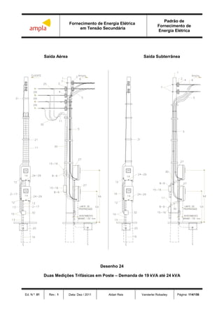 Fornecimento de Energia Elétrica
em Tensão Secundária
Padrão de
Fornecimento de
Energia Elétrica
Ed. N.º: 01 Rev.: 1 Data: Dez / 2011 Aldair Reis Vanderlei Robadey Página: 114/156
Saída Aérea Saída Subterrânea
Desenho 24
Duas Medições Trifásicas em Poste – Demanda de 19 kVA até 24 kVA
 