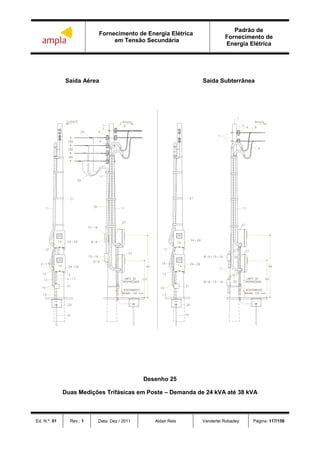 Fornecimento de Energia Elétrica
em Tensão Secundária
Padrão de
Fornecimento de
Energia Elétrica
Ed. N.º: 01 Rev.: 1 Data: Dez / 2011 Aldair Reis Vanderlei Robadey Página: 117/156
Saída Aérea Saída Subterrânea
Desenho 25
Duas Medições Trifásicas em Poste – Demanda de 24 kVA até 38 kVA
 
