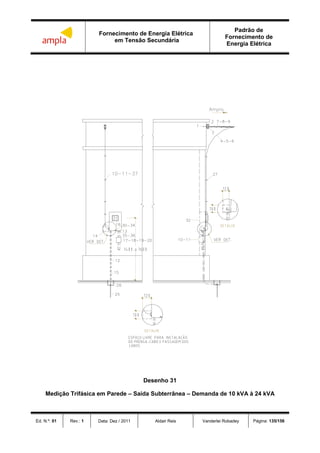 Fornecimento de Energia Elétrica
em Tensão Secundária
Padrão de
Fornecimento de
Energia Elétrica
Ed. N.º: 01 Rev.: 1 Data: Dez / 2011 Aldair Reis Vanderlei Robadey Página: 135/156
Desenho 31
Medição Trifásica em Parede – Saída Subterrânea – Demanda de 10 kVA à 24 kVA
 