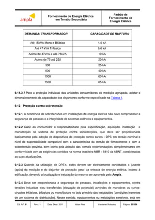 Fornecimento de Energia Elétrica
em Tensão Secundária
Padrão de
Fornecimento de
Energia Elétrica
Ed. N.º: 01 Rev.: 1 Data: Dez / 2011 Aldair Reis Vanderlei Robadey Página: 25/156
DEMANDA/ TRANSFORMADOR CAPACIDADE DE RUPTURA
Até 15kVA Mono e Bifásico 4,5 kA
Até 47 kVA Trifásico 6,0 kA
Acima de 47kVA e Até 75kVA 10 kA
Acima de 75 até 225 20 kA
300 25 kA
500 40 kA
1000 60 kA
1500 65 kA
9.11.3.7 Para a proteção individual das unidades consumidoras de medição agrupada, adotar o
dimensionamento da capacidade dos disjuntores conforme especificado na Tabela 1.
9.12 Proteção contra sobretensão
9.12.1 A ocorrência de sobretensões em instalações de energia elétrica não deve comprometer a
segurança de pessoas e a integridade de sistemas elétricos e equipamentos.
9.12.2 Cabe ao consumidor a responsabilidade pela especificação, aquisição, instalação e
manutenção do sistema de proteção contra sobretenções, que deve ser proporcionada
basicamente pela adoção de dispositivos de proteção contra surtos - DPS em tensão nominal e
nível de suportabilidade compatível com a característica da tensão de fornecimento e com a
sobretensão prevista, bem como pela adoção das demais recomendações complementares em
conformidade com as exigências contidas na norma brasileira NBR - 5410 da ABNT, consideradas
as suas atualizações.
9.12.3 Quando da utilização de DPS’s, estes devem ser eletricamente conectados a jusante
(após) da medição e do disjuntor de proteção geral da entrada de energia elétrica, interno à
edificação, devendo a localização e instalação do mesmo ser aprovada pela Ampla.
9.12.4 Deve ser proporcionada a segurança de pessoas, instalações e equipamentos, contra
tensões induzidas e/ou transferidas (elevação de potencial) advindas de manobras ou curtos-
circuitos trifásicos, bifásicos ou monofásicos no lado primário das instalações (condições inerentes
de um sistema de distribuição). Nesse sentido, equipamentos ou instalações sensíveis, seja em
 